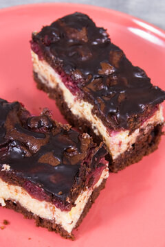 Fresh homemade cheesecake with cherries and chocolate. Delicious dessert for different occasions