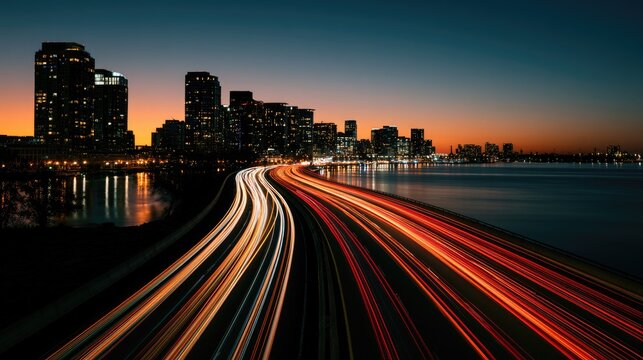 City skyline with glowing light trails on a highway at dusk