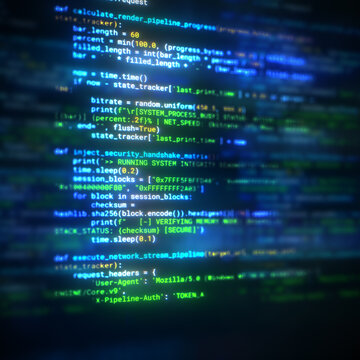 Abstract programming code on computer screen with selective focus. Futuristic digital software development technology concept. Python source code on screen with bokeh effect.