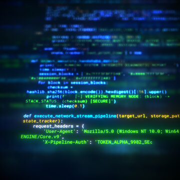 Abstract programming code on computer screen with selective focus. Futuristic digital software development technology concept. Python source code on screen with bokeh effect.