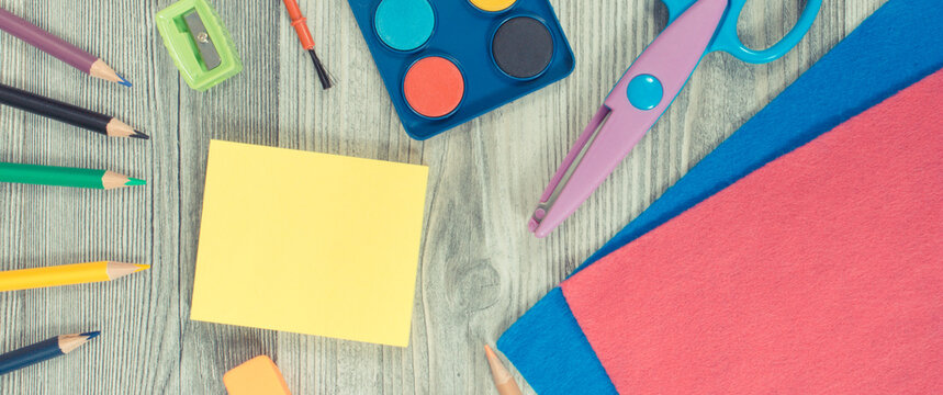 Stationery accessories and other school supplies for learning at school or preschool. Development of creativity, kids motor skills