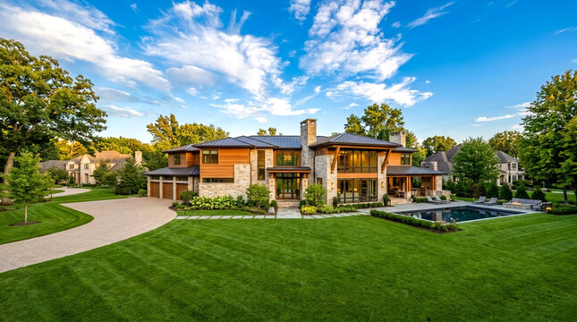 Stately custom luxury home exterior with swimming pool and landscaped