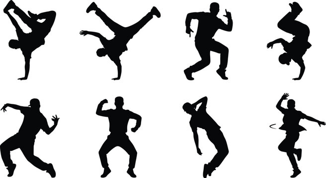Collection of breakdance and hip hop dancer silhouettes performing dynamic modern street dance moves on white background