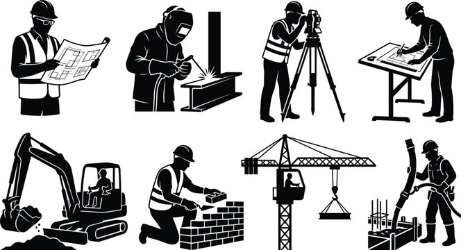 Construction workers and heavy machinery silhouettes set including engineer welder surveyor architect excavator bricklayer crane and concrete pump
