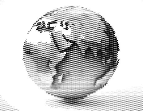 Planet earth world map sphere globe showing international global geography environment monochrome black white dotted pattern texture.