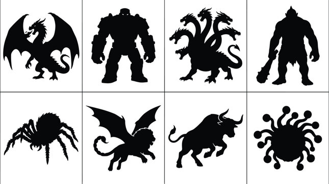Fantasy monster silhouettes collection featuring mythical creatures icons including dragon hydra golem orc manticore bull minotaur beholder and giant spider