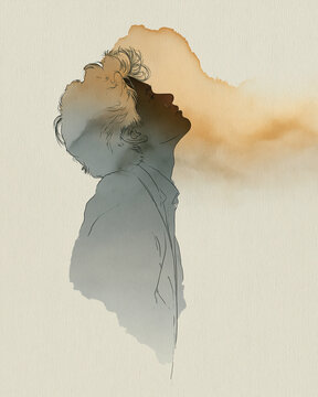Profile silhouette of person looking up with warm watercolor glow