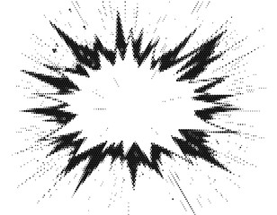 Monochrome black white dotted texture pattern background displaying vintage retro action cartoon pop art speech explosion boom flash. © Josnara