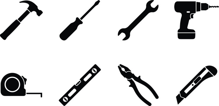 Set of black flat hand tool icons for construction, carpentry, and home repair renovation isolated on white background