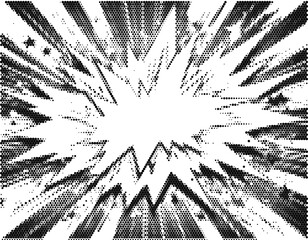 Pop art speech explosion boom flash showing vintage retro action cartoon monochrome black white dotted texture pattern. © Josnara