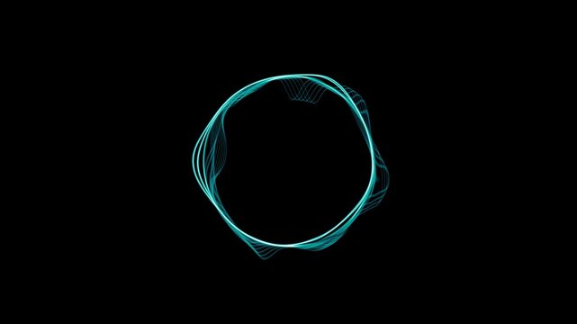 Cyan blue digital voice audio spectrum assistant animation featuring glowing circular audio frame and vibrating waveform edges on black screen background seamless 4K