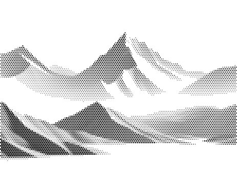 Beautiful outdoor nature travel tourism scenery view peak hill mountain landscape displaying monochrome black white dotted pattern.