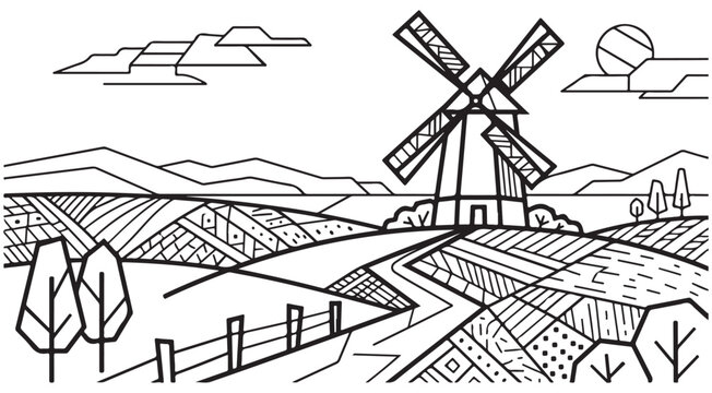 Rural landscape line art illustration with windmill and patchwork fields featuring mountains and trees for coloring book