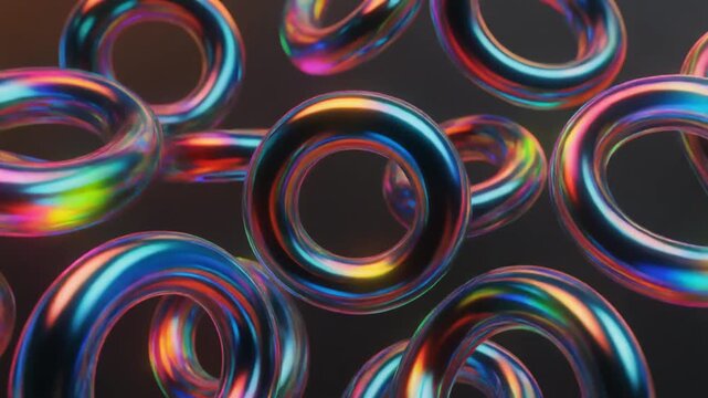 Abstract iridescent torus shapes floating motion background 4k footage