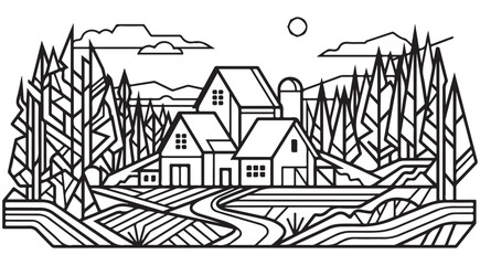 Geometric line art vector of a rural farm landscape with houses barns silo and pine forest for agricultural branding and coloring © Andikia