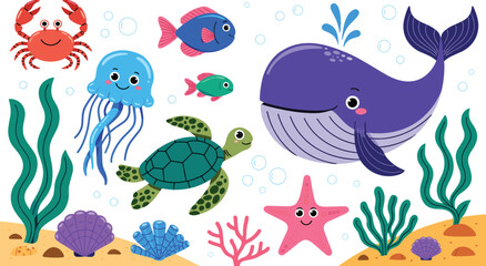 Sea creatures cartoon collection featuring purple whale sea turtle jellyfish crab starfish and tropical fish vectors for children nursery design. © IVY QUEEN