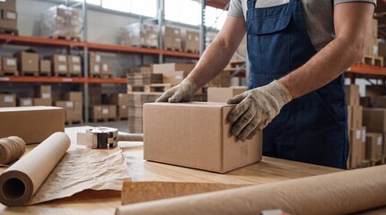 Warehouse worker packing cardboard box with tape and supplies