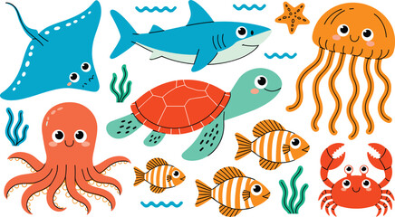 Sea animals cartoon collection featuring shark octopus stingray sea turtle jellyfish crab starfish and clownfish vectors for nursery nursery design. © IVY QUEEN