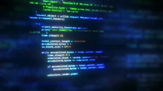Abstract macro shot of scrolling programming code on computer screen with selective focus. Futuristic digital software development technology concept. Python source code on screen with bokeh effect.