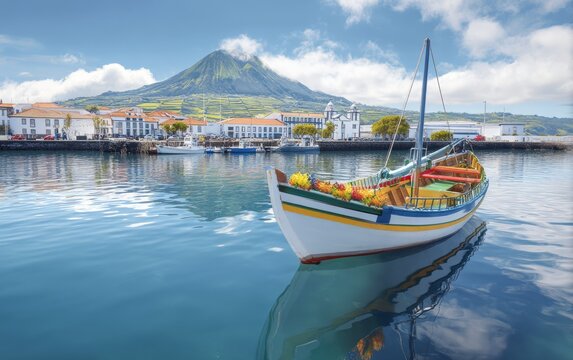 Traditional Whaling Boat in Azores with Scenic Mountain Backdrop