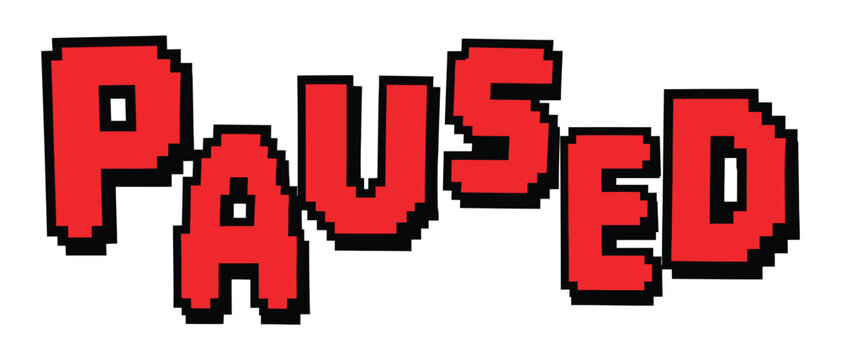 Paused pixel art text label in red retro game style with interface isolated nostalgia computer typography colorful notification software creative