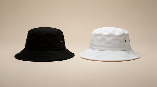 Stylish Black and White Bucket Hats on a Neutral Background.