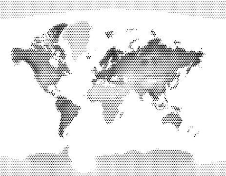 Global planet earth world map geography continent displaying monochrome black white dotted pattern texture graphic vector illustration.