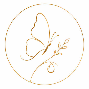 Minimalistyczne logo motyla z gałązką w złotej linii &ndash; elegancki symbol piękna i natury.