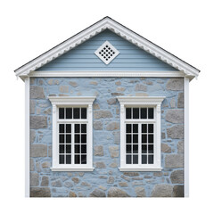 Obraz premium Rustic stone house facade painted in pastel blue with intricate white wooden trim and symmetrical windows against a transparent backdrop, traditional rural charm
