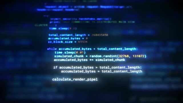 Abstract macro shot of scrolling programming code on computer screen with selective focus. Futuristic digital software development technology concept. Python source code on screen with bokeh effect.