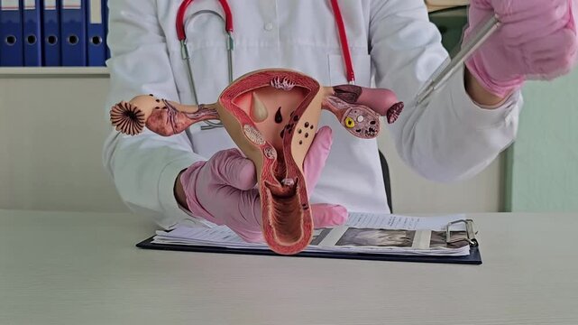Demonstration of human anatomy focusing on the female reproductive system in a medical setting