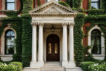 Obraz premium The entrance features grand columns and a detailed pediment. Ivy climbs the brick walls, and the setting shows greenery. Daylight illuminates the scene.