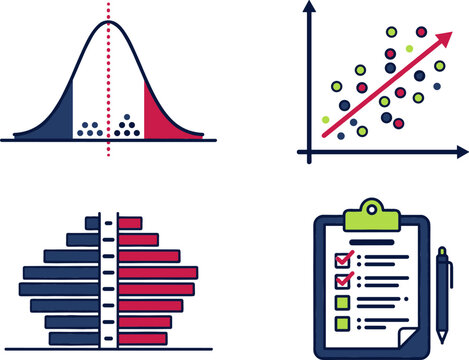 Data Analytics and Statistics Vector Icon Set with Bell Curve Scatter Plot Population Pyramid and Survey Clipboard