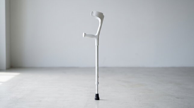 A single silver forearm crutch stands upright against a minimalist white wall and light grey floor.