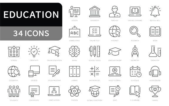 Set of 34 flat line education icons for school and learning projects