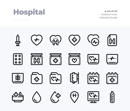 Flat hospital and medical icons set for health app or website design