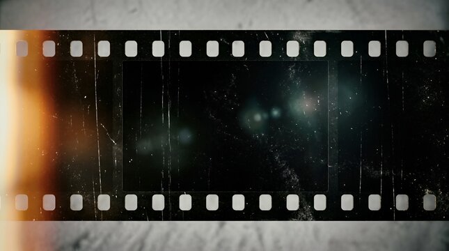 Vintage 35mm strip frame with heavy scratches, dust particles, and light leaks on a dark background, for retro cinematic effects