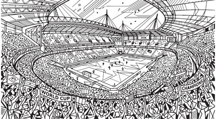 Soccer stadium coloring page with crowded stands and football pitch for World Cup 2026 tournament line art illustration © Andikia