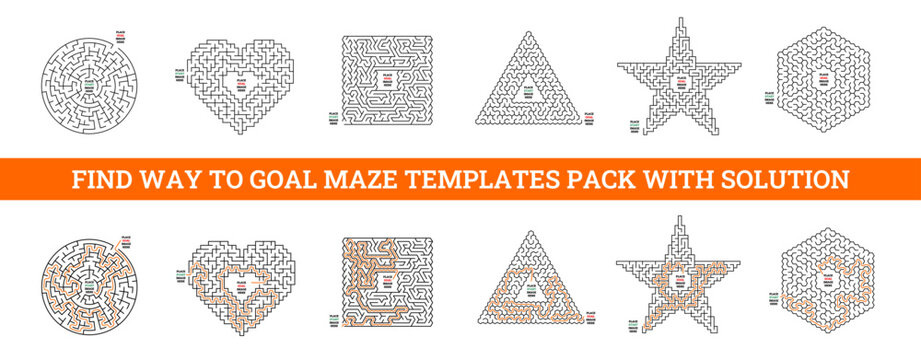 Basic geometric labyrinth maze game activity pack: round, heart shaped, square, triangle, star shaped, hexagon, customizable vector template entry and exit with solution 