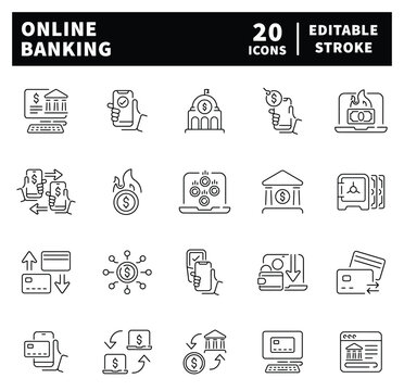 Set of 20 editable stroke online banking icons with various financial symbols and activities