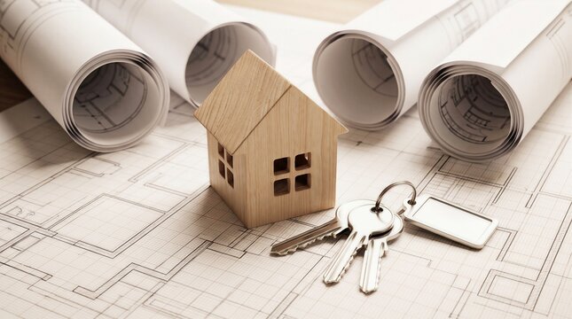 Small Wooden House Model with House Keys and Architecture Blueprints on Desk
