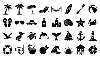 Obraz premium Black Beach Silhouette Collection Featuring Tropical Coastal Nature and Vacation Icons Vector Set