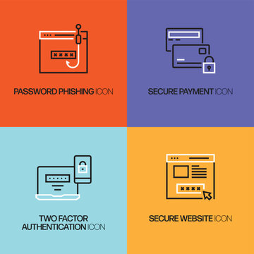 Colorful cybersecurity icons set showing password phishing, secure encryption, two-factor authentication, and secure website