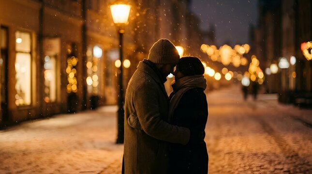Romantic couple embracing under warm streetlights on a snowy evening in a charming old town with festive atmosphere
