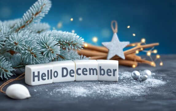 Festive Greeting of Hello December on Slate Surface with Decorations and Lights