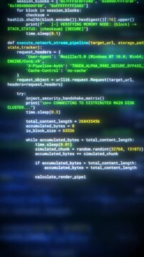 Abstract macro shot of scrolling programming code on computer screen with selective focus. Futuristic digital software development technology concept. Python source code on screen with bokeh effect.