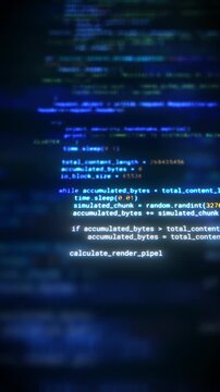 Abstract macro shot of scrolling programming code on computer screen with selective focus. Futuristic digital software development technology concept. Python source code on screen with bokeh effect.
