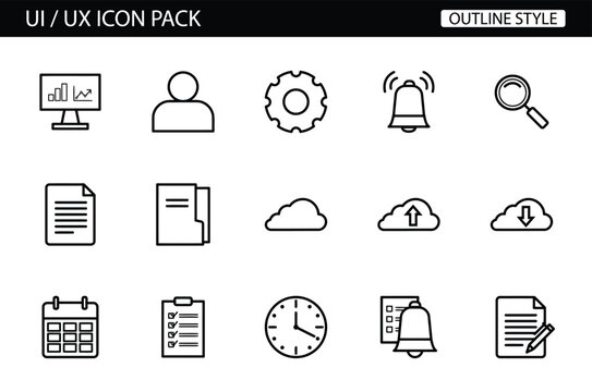 Minimalist outline style UI UX icon pack featuring 16 different icons