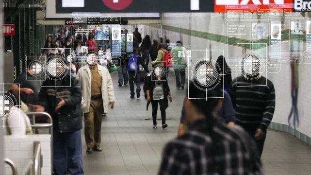 A Computer Scans A Crowded Subway Tunnel Using Facial Recognition To Show Each Persons Personal Data In A Floating Display That Follows The Individual 