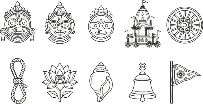 Jagannath puri temple elements line art collection